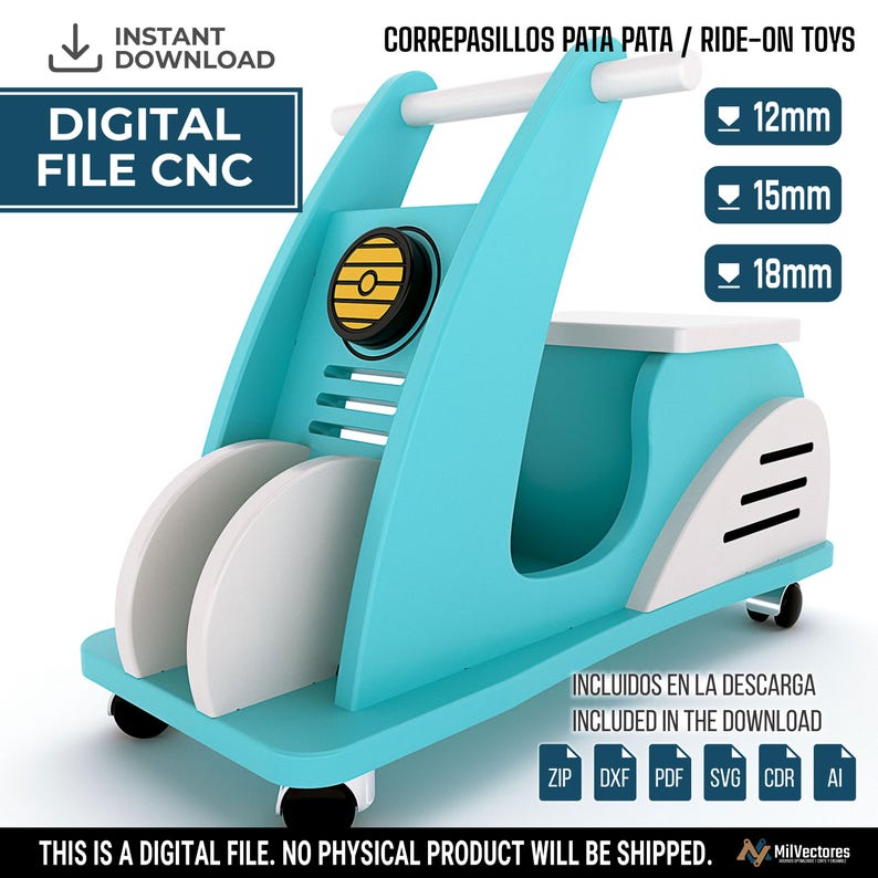 May include: A digital CNC file for a turquoise and white wooden ride-on toy scooter. The design features a handlebar, a seat, and a circular yellow headlight detail. The file includes options for 12mm, 15mm, and 18mm material thicknesses.