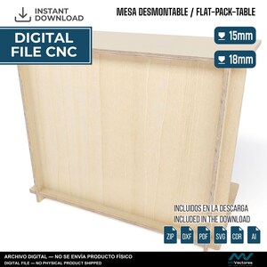 May include: A digital CNC file for a flat-pack table, featuring light-colored wood grain panels. The design includes text labels for 15mm and 18mm material thicknesses, along with icons for ZIP, DXF, PDF, SVG, CDR, and AI file formats.