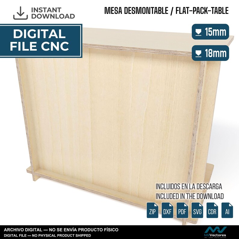 May include: A digital CNC file for a flat-pack table, featuring light-colored wood grain panels. The design includes text labels for 15mm and 18mm material thicknesses, along with icons for ZIP, DXF, PDF, SVG, CDR, and AI file formats.