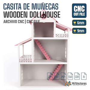 Peut inclure: Une maison de poup&eacute;e en bois blanc avec des toits et des escaliers roses, comprenant trois niveaux, des balcons avec des garde-corps en forme de c&oelig;ur, et le texte CASITA DE MU&Ntilde;ECAS WOODEN DOLLHOUSE, CNC CUT FILE, 6mm, 9mm, ZIP, DXF, PDF, SVG, CDR, AI, MilVectores.