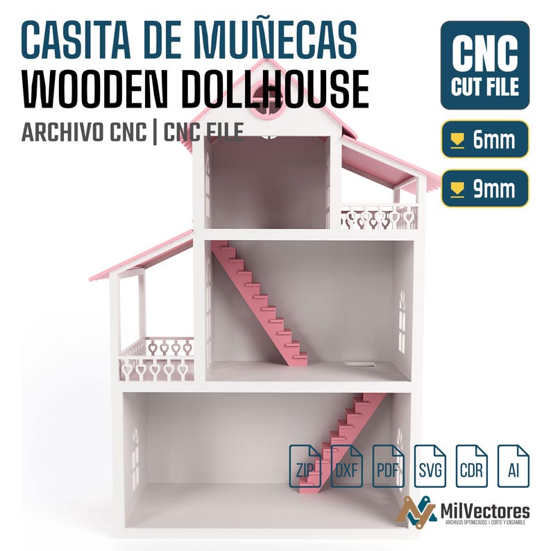 Peut inclure: Une maison de poup&eacute;e en bois blanc avec des toits et des escaliers roses, comprenant trois niveaux, des balcons avec des garde-corps en forme de c&oelig;ur, et le texte CASITA DE MU&Ntilde;ECAS WOODEN DOLLHOUSE, CNC CUT FILE, 6mm, 9mm, ZIP, DXF, PDF, SVG, CDR, AI, MilVectores.