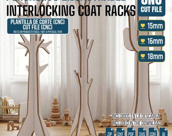 Set of 3 Standing Coat Racks | Scandinavian & Cactus Design | Hat Bag Hanger | Router CNC DXF SVG | Modern Nordic Furniture Digital Download