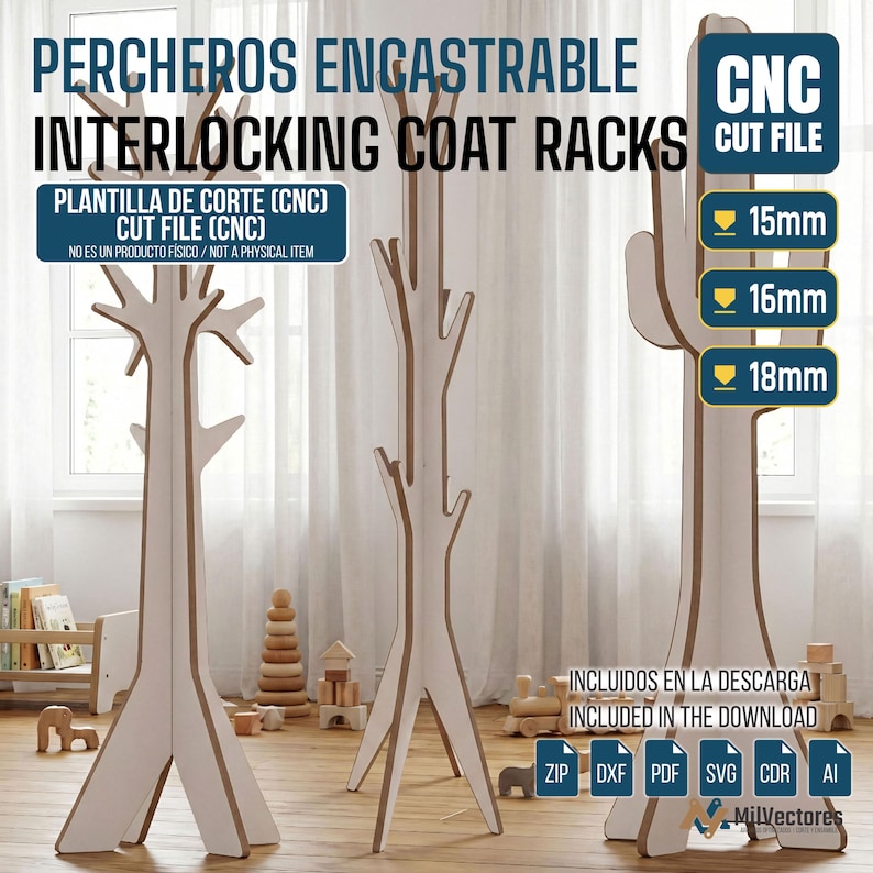 May include: Three interlocking coat racks in a tree design, made of light-colored wood. The image includes text that reads "INTERLOCKING COAT RACKS" and "CNC CUT FILE". The design is available in 15mm, 16mm, and 18mm thicknesses.