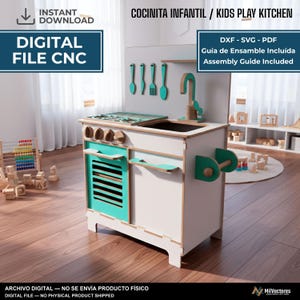 May include: A digital file for a kids play kitchen featuring a white and teal wooden structure with a stove, sink, faucet, and hanging utensils. The text reads: INSTANT DOWNLOAD, DIGITAL FILE CNC, COCINITA INFANTIL / KIDS PLAY KITCHEN, DXF - SVG - PDF.