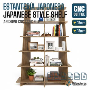 Puede incluir: Una estantería de madera de estilo japonés con múltiples estantes, que contiene libros, fotos enmarcadas y objetos decorativos. La estantería tiene un diseño angular único. El texto en la imagen dice "JAPANESE STYLE SHELF" y "CNC CUT FILE".