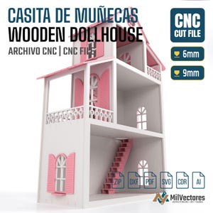 Peut inclure: Un fichier de d&eacute;coupe CNC pour maison de poup&eacute;e en bois blanc et rose, comprenant trois niveaux, des fen&ecirc;tres arqu&eacute;es avec volets, un balcon avec des garde-corps en forme de c&oelig;ur et un escalier. Fichier num&eacute;rique pour &eacute;paisseurs 6mm et 9mm.