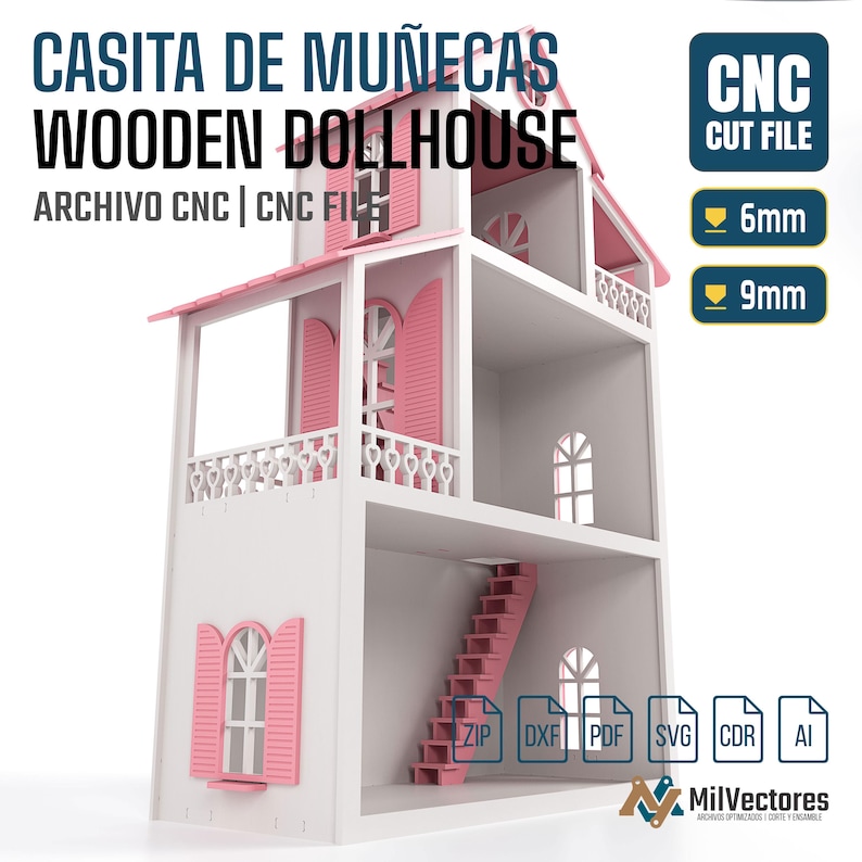 Peut inclure: Un fichier de d&eacute;coupe CNC pour maison de poup&eacute;e en bois blanc et rose, comprenant trois niveaux, des fen&ecirc;tres arqu&eacute;es avec volets, un balcon avec des garde-corps en forme de c&oelig;ur et un escalier. Fichier num&eacute;rique pour &eacute;paisseurs 6mm et 9mm.