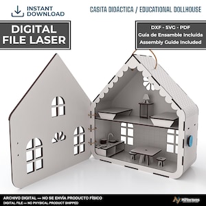Pu&ograve; includere: Un file digitale per casa delle bambole educativa tagliata al laser, con struttura bianca incernierata, finestre ad arco, cucina, zona pranzo e mobili da camera. Il testo include: INSTANT DOWNLOAD, DIGITAL FILE LASER, CASITA DID&Aacute;CTICA / EDUCATIONAL DOLLHOUSE.