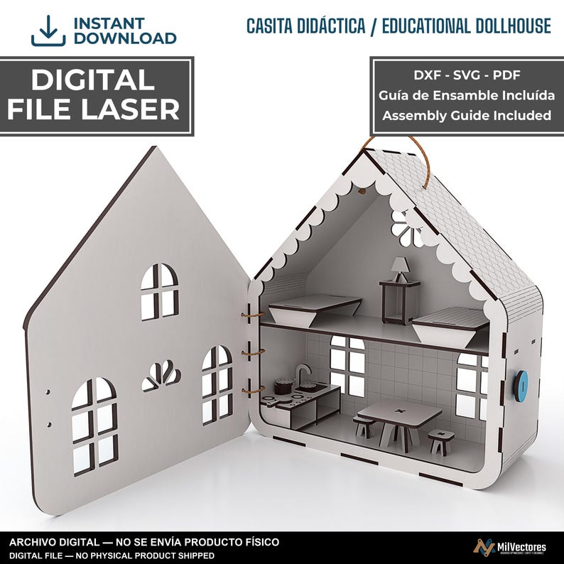Pu&ograve; includere: Un file digitale per casa delle bambole educativa tagliata al laser, con struttura bianca incernierata, finestre ad arco, cucina, zona pranzo e mobili da camera. Il testo include: INSTANT DOWNLOAD, DIGITAL FILE LASER, CASITA DID&Aacute;CTICA / EDUCATIONAL DOLLHOUSE.