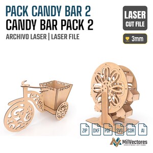 May include: A laser cut file set for a wooden tricycle candy holder and a Ferris wheel display, featuring 3mm material thickness. The text reads PACK CANDY BAR 2, CANDY BAR PACK 2, ARCHIVO LASER, LASER FILE, and includes ZIP, DXF, PDF, SVG, CDR, AI icons.