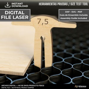 May include: A light-colored wooden laser-cut test tool featuring the number 7,5 engraved on its surface. The tool is designed for digital use and includes text labels such as INSTANT DOWNLOAD, DIGITAL FILE LASER, and Assembly Guide Included.