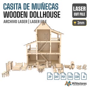 May include: A light-colored wooden dollhouse laser cut file with a 3mm thickness specification. The set includes a multi-story house structure with balconies and stairs, along with various miniature furniture pieces like beds, chairs, and tables.