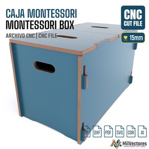 May include: A blue Montessori box with a lid featuring cut-out handles. The text reads CAJA MONTESSORI MONTESSORI BOX, ARCHIVO CNC | CNC FILE, CNC CUT FILE, and 15mm. Icons for ZIP, DXF, PDF, SVG, CDR, and AI file formats are visible at the bottom.