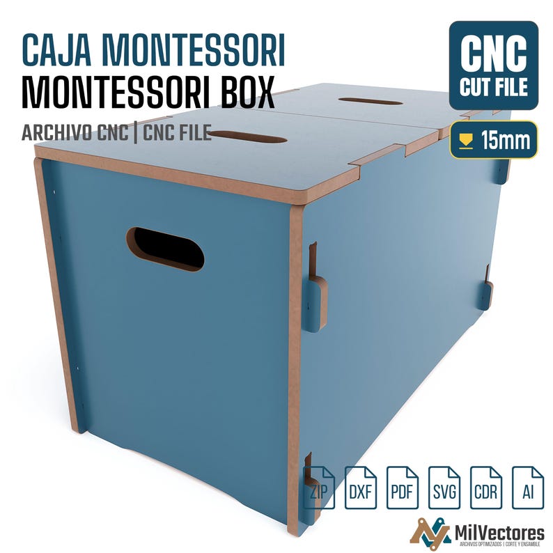May include: A blue Montessori box with a lid featuring cut-out handles. The text reads CAJA MONTESSORI MONTESSORI BOX, ARCHIVO CNC | CNC FILE, CNC CUT FILE, and 15mm. Icons for ZIP, DXF, PDF, SVG, CDR, and AI file formats are visible at the bottom.