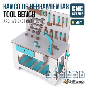 May include: A white and light blue toy tool bench CNC cut file for 9mm material. The design includes a pegboard back with various hanging tools, a work surface with a drill and tape measure, a drawer, and a lower shelf. Text reads BANCO DE HERRAMIENTAS TOOL BENCH ARCHIVO CNC | CNC FILE.