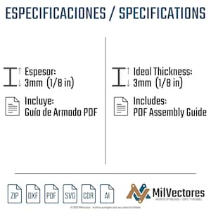 May include: A technical specification graphic with the heading ESPECIFICACIONES / SPECIFICATIONS. It lists an ideal thickness of 3mm (1/8 in) and includes a PDF assembly guide. File formats ZIP, DXF, PDF, SVG, CDR, and AI are listed with the MilVectores logo.