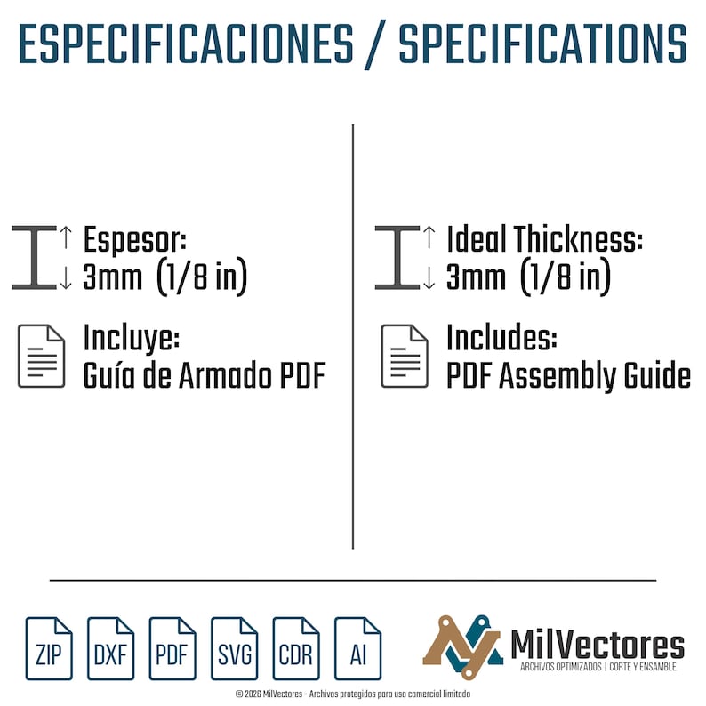 May include: A technical specification graphic with the heading ESPECIFICACIONES / SPECIFICATIONS. It lists an ideal thickness of 3mm (1/8 in) and includes a PDF assembly guide. File formats ZIP, DXF, PDF, SVG, CDR, and AI are listed with the MilVectores logo.