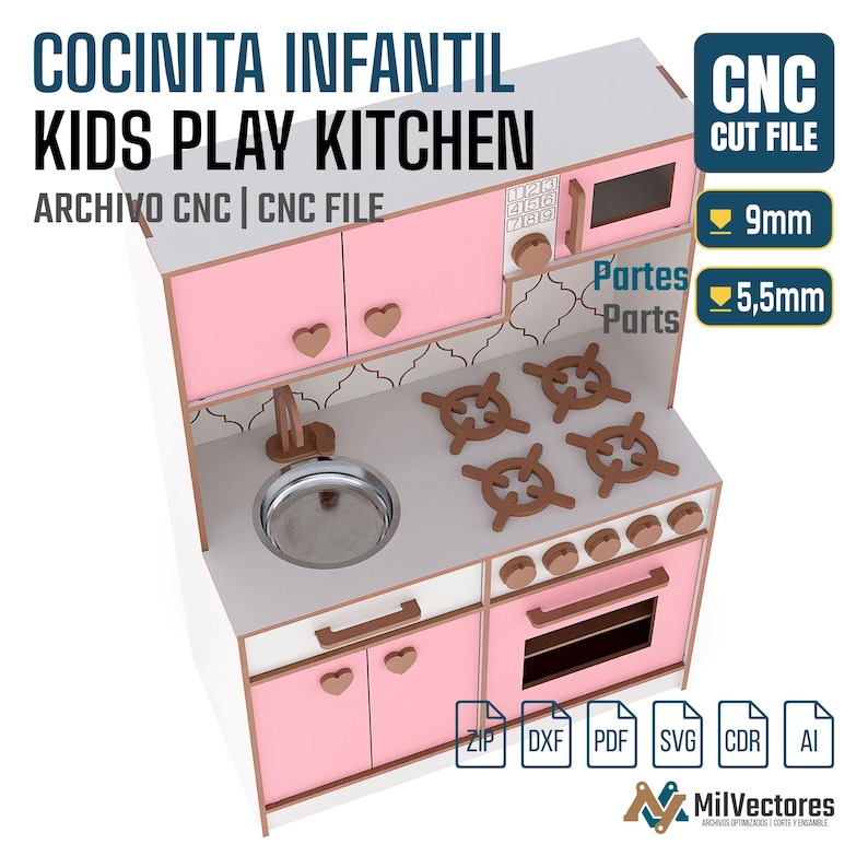 May include: A white and pink wooden play kitchen with a sink, four stovetop burners, an oven, and a microwave. The text reads COCINITA INFANTIL KIDS PLAY KITCHEN, CNC CUT FILE, 9mm, 5.5mm, Partes Parts, ZIP, DXF, PDF, SVG, CDR, AI, and MilVectores.