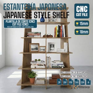 Puede incluir: Estantería de estilo japonés de madera con múltiples estantes, que contiene libros, fotos enmarcadas y una planta en maceta. La imagen incluye el texto "Japanese Style Shelf" y "CNC Cut File". El diseño de la estantería está disponible en 15 mm y 18 mm.