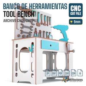 May include: A white and light blue wooden toy tool bench featuring a pegboard back panel with various tool silhouettes, a drawer, and a drill. The text reads BANCO DE HERRAMIENTAS TOOL BENCH, CNC CUT FILE, 9mm, and file formats ZIP, DXF, PDF, SVG, CDR, AI.