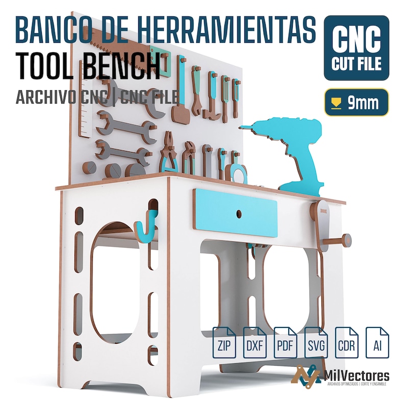 May include: A white and light blue wooden toy tool bench featuring a pegboard back panel with various tool silhouettes, a drawer, and a drill. The text reads BANCO DE HERRAMIENTAS TOOL BENCH, CNC CUT FILE, 9mm, and file formats ZIP, DXF, PDF, SVG, CDR, AI.