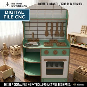Puede incluir: Un archivo digital para una cocinita infantil CNC con un diseño en verde y blanco. Incluye un fregadero, quemadores de estufa, un horno con manija y utensilios de cocina colgantes sobre un salpicadero de azulejos blancos. El texto dice COCINITA INFANTIL / KIDS PLAY KITCHEN y DIGITAL FILE CNC.