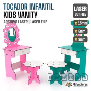 Tocador infantil, mesa de maquillaje  kids vanity, makeup table, small stool, diy projects, kids furniture, dxf pdf formats, laser cut file