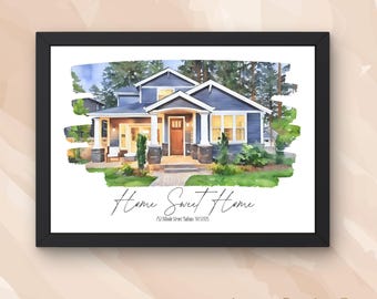 Pode incluir: Uma impressão emoldurada em estilo aguarela de uma casa azul com porta da frente castanha, acabamentos brancos e paisagismo verde. O texto "Home Sweet Home" está impresso abaixo da casa, seguido pela morada "752 Hillside Street Madison, WI 53705".
