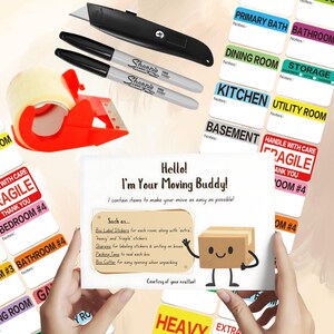May include: A moving kit with a variety of supplies, including tape, a box cutter, Sharpies, and labels. The kit also includes a card that says "Hello! I'm Your Moving Buddy! I contain items to make your move as easy as possible!" and lists the items included in the kit. The card also features a cartoon box with a smiley face.