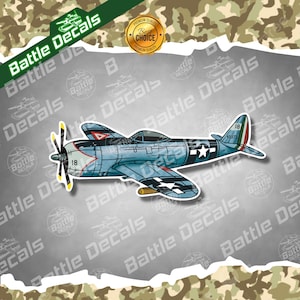 May include: A cartoon illustration of a blue and white P-47 Thunderbolt fighter plane with a red nose and a white star on the wing. The plane has the number 18 and 43372 on the side. The plane is flying in the air.