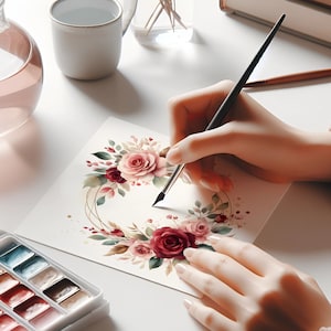 May include: A watercolor painting of a floral wreath with pink and burgundy roses, green leaves, and gold accents. The artist is using a brush to add details to the painting.