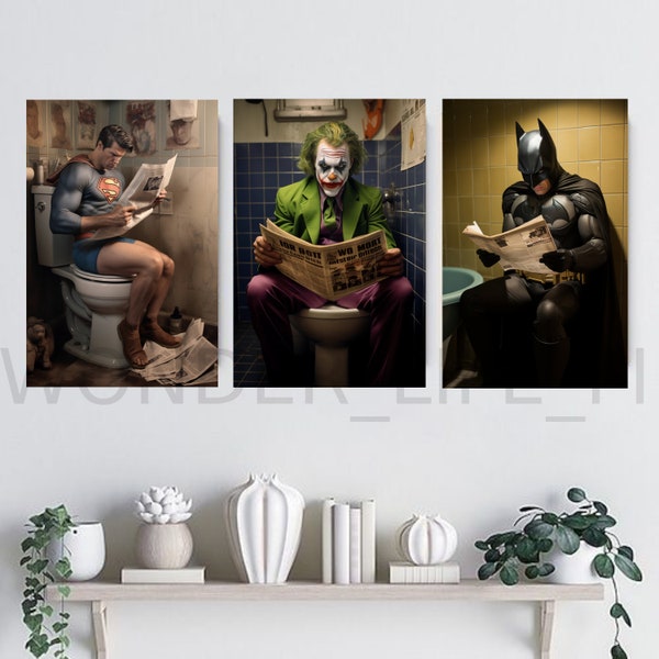 Creative Posters, Batman art, Joker art, Superman art, Funny posters and Prints, 3 Digital Prints, Download print, Bathroom art, Toilet art