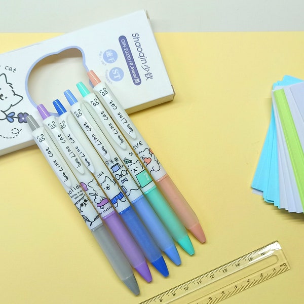 Kawaii Happy Cat Retractable Gel Pen Set of 6/Cute Cat Pen Set/Kitten Stationery/Cat Lover Gift