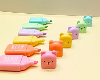 6PCS Cute Mini Bear Highlighter Pens & Assorted Macaron Colors, Kawaii Marker for Writing, Stationery Pens for School Office Supplies.