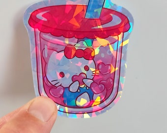 Kitty Bubble Tea, stickers bubble tea Kitty, holografic Cin-morroll  stickers, holografic stickers, Tea boba, tea sanrio, kitty boba