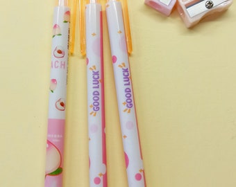 Juego de 3 lápices mecánicos Sweet Peaches con borrador ~ Juego de lápices lindos, papelería kawaii, escritura de dibujo Kawaii