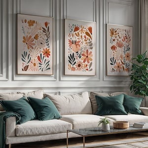 Boho Abstract Flower Print Trio, Terracotta Floral Wall Art, Vintage-Inspired Boho Printable Decor, Flower Market Posters - ART#II060