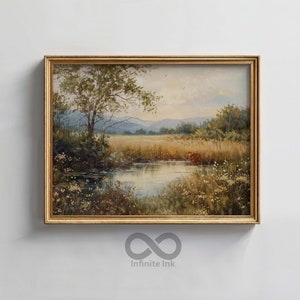 Spring Wildflower Field Landscape - Vintage Farmhouse Neutral Wall Art, Spring Art, Cottage Core Digital Download - II024