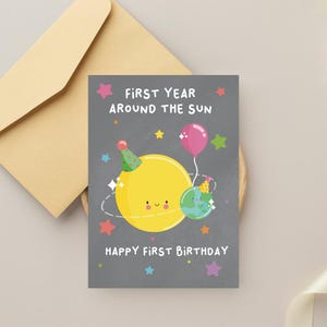 Cartão de felicitações de aniversário do primeiro ano em torno do sol | Cartão de marco de 1º aniversário