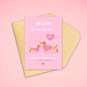 Linda tarjeta para el Día de la Madre con un perro salchicha: tarjeta para mamá y cachorro con un perro salchicha: regalo para el Día de la Madre con un cachorro: tarjeta para mamá con un perro: tarjeta caprichosa para el Día de la Madre