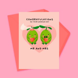 Carte mignonne de félicitations de mariage | Carte de mariage de M. et Mme | Adorable cadeau pour jeunes mariés | Mariage kawaii| Carte Mariage drôle et les jeunes mariés