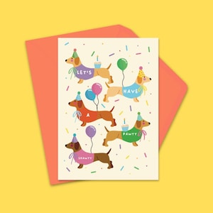 Divertida tarjeta de cumpleaños con un perro salchicha: “Vamos a celebrarlo, Shawty”: lindo diseño de perro salchicha con globos y sombreros de fiesta