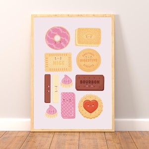 Cute Kawaii British Biscuit Print – Pastel Aesthetic Wall Art| Fun UK Biscuit Lover Poster | Kitchen Decor | Cosy Tea & Biscuit Illustration