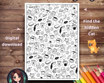 Coffee Lovers Coloring Page: Doodle Art with Hidden Cat (PDF/JPG/PNG)