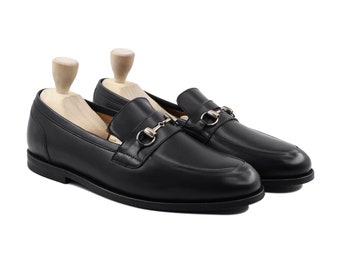 Horsebit Mens Handmade Black Calf Leather Loafers Dress Shoes