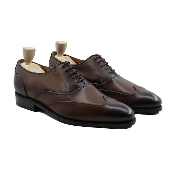 Goodyear Welted Oxfords Bespoke Handmade Wingtip Brown Handpainted Calf Leather Make to order Leather Shoes Mens