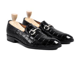 Crocodile Embossed Patent Leather Black Horsebit Loafers Mens Handmade Shoes Formal Party Exotic Leather Dress Shoes for men
