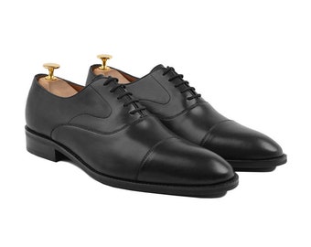 Mens Formal Dress Shoes Black Captoe Oxfords Classic Office Shoes for Men Handmade Pure Calf Leather