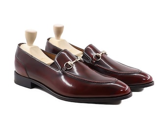 Oxblood Shoes Mens Shiny Horsebit Loafers in Box Calf Leather Two Tone Distressed Look Formal Party Mens Handmade Shoes