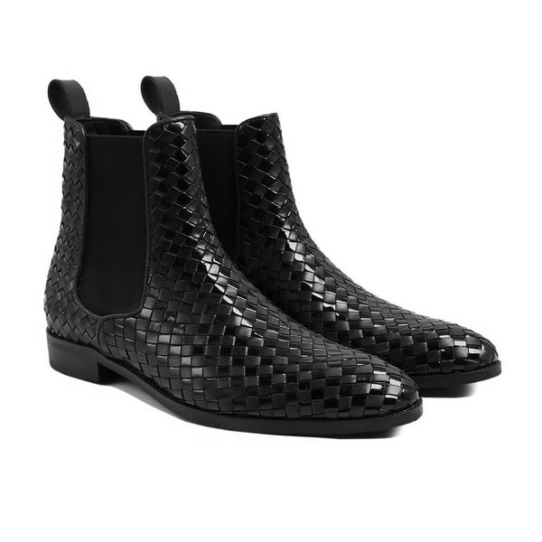 Mens Black Handmade Hand Woven Calf Leather Boots Ankle High Bespoke Luxury Chelsea Boots